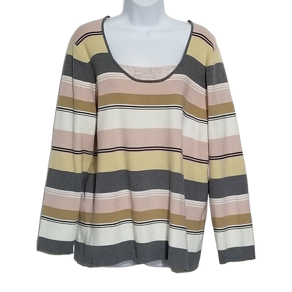 Emma James Womens Blouse Size 2X Long Sleeve Knit Top Beaded Lace Inset Stretch